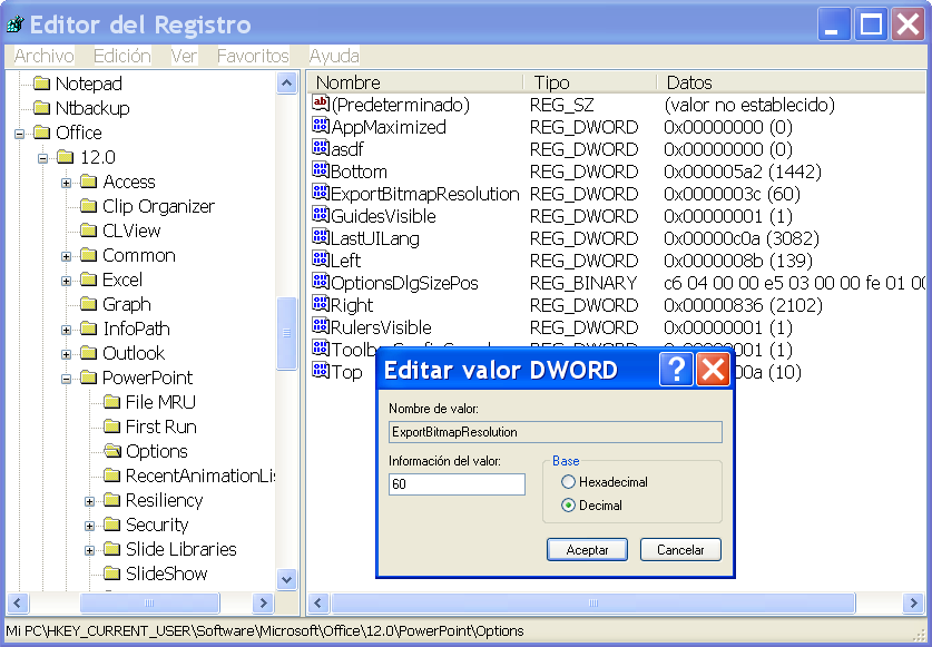 Configuración en el Editor del Registro