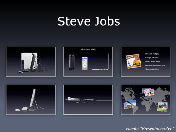 En estas transparencias utilizadas por Steve Jobs podemos comprobar cómo sólo se utiliza información relevante, eliminando lo superfluo